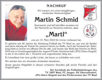 Traueranzeige von Martin Schmid von Allgäuer Zeitung, Kaufbeuren/Buchloe