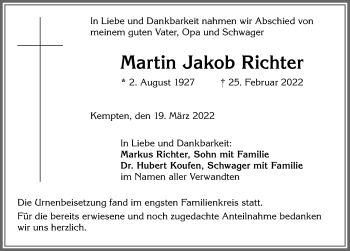 Traueranzeige von Martin Jakob Richter von Allgäuer Zeitung,Kempten