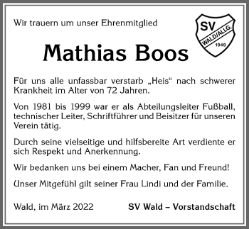 Traueranzeige von Mathias Boos von Allgäuer Zeitung, Marktoberdorf