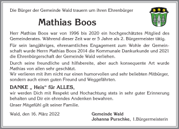 Traueranzeige von Mathias Boos von Allgäuer Zeitung, Marktoberdorf