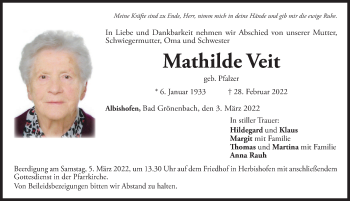 Traueranzeige von Mathilde Veit von Memminger Zeitung