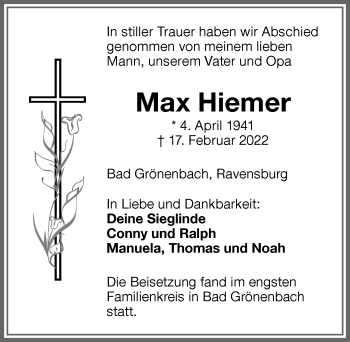 Traueranzeige von Max Hiemer von Memminger Zeitung