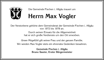 Traueranzeige von Max Vogler von Allgäuer Anzeigeblatt