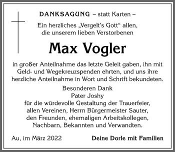 Traueranzeige von Max Vogler von Allgäuer Anzeigeblatt