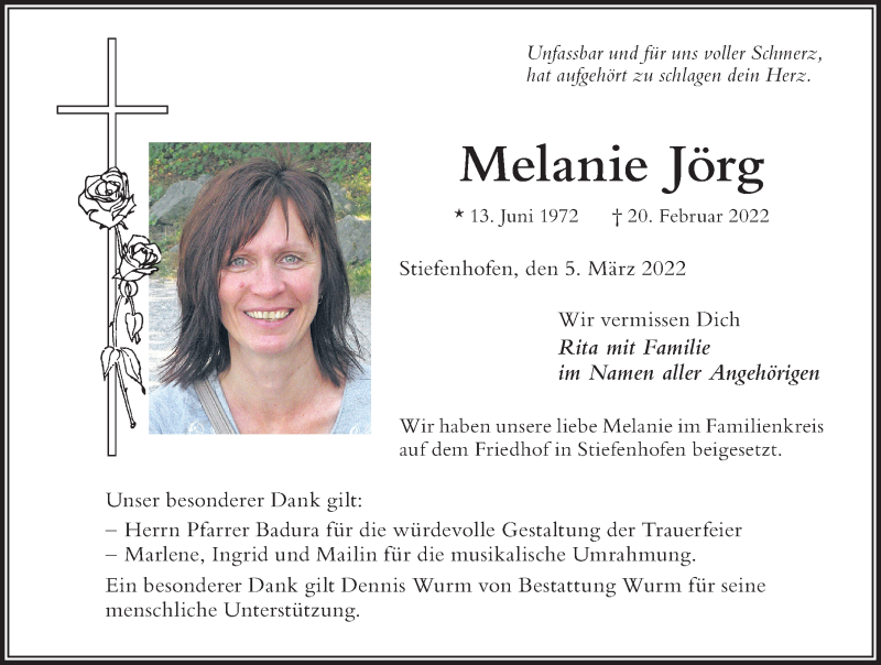  Traueranzeige für Melanie Jörg vom 05.03.2022 aus Der Westallgäuer