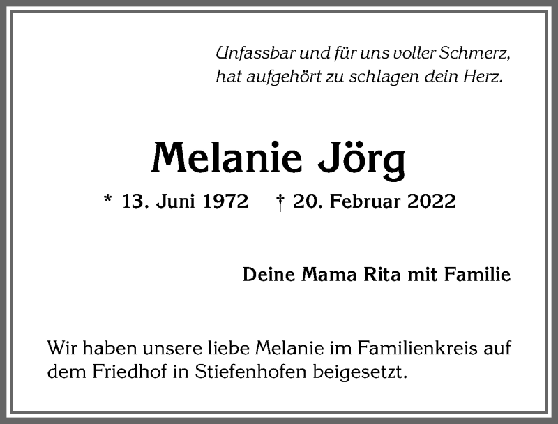  Traueranzeige für Melanie Jörg vom 05.03.2022 aus Allgäuer Anzeigeblatt