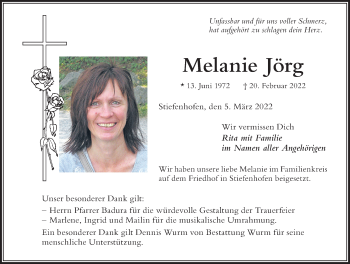 Traueranzeige von Melanie Jörg von Der Westallgäuer