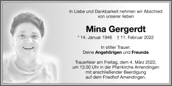 Traueranzeige von Mina Gergerdt von Memminger Zeitung
