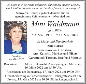 Traueranzeige von Mini Waldmann von Allgäuer Zeitung, Marktoberdorf