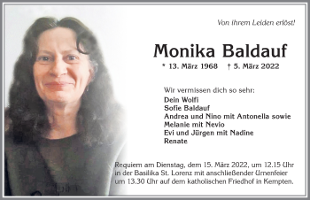Traueranzeige von Monika Baldauf von Allgäuer Zeitung,Kempten
