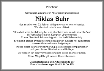 Traueranzeige von Niklas Suhr von Allgäuer Zeitung, Kaufbeuren/Buchloe