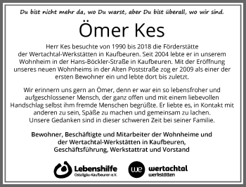 Traueranzeige von Ömer Kes von Allgäuer Zeitung, Kaufbeuren/Buchloe