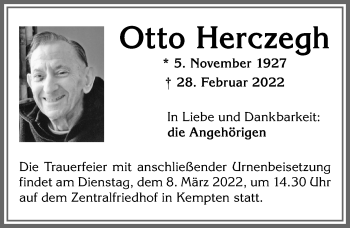 Traueranzeige von Otto Herczegh von Allgäuer Zeitung,Kempten