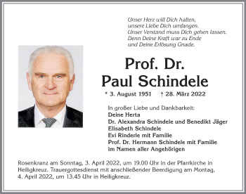 Traueranzeige von Paul Schindele von Memminger Zeitung