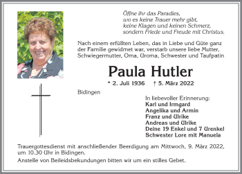 Traueranzeige von Paula Hutler von Allgäuer Zeitung, Marktoberdorf