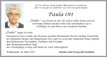 Traueranzeige von Paula Ott von Allgäuer Zeitung, Füssen