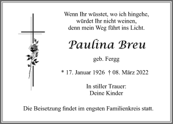 Traueranzeige von Paulina Breu von Allgäuer Zeitung, Kaufbeuren/Buchloe