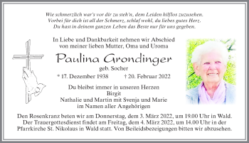 Traueranzeige von Paulna Grondinger von Allgäuer Zeitung, Marktoberdorf
