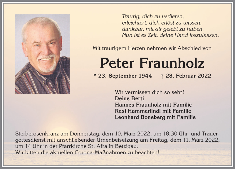  Traueranzeige für Peter Fraunholz vom 09.03.2022 aus Allgäuer Zeitung,Kempten