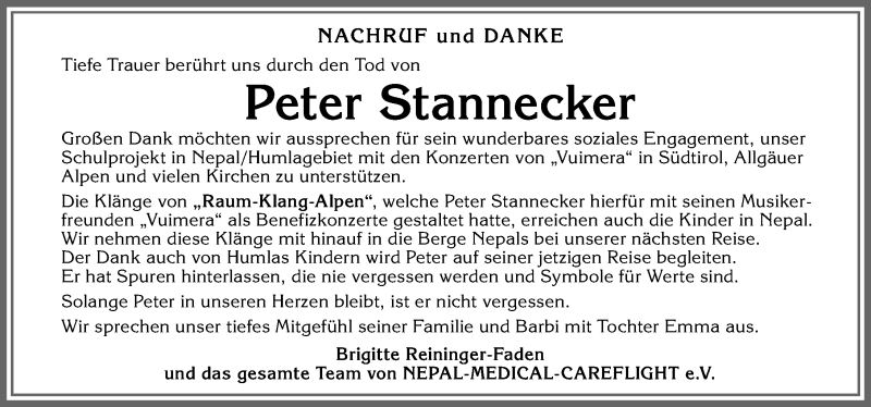  Traueranzeige für Peter Stannecker vom 30.03.2022 aus Allgäuer Zeitung, Füssen