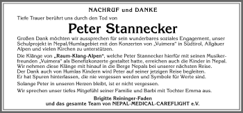 Traueranzeige von Peter Stannecker von Allgäuer Zeitung, Füssen