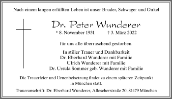 Traueranzeige von Peter Wunderer von Allgäuer Zeitung, Kaufbeuren/Buchloe