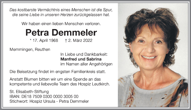  Traueranzeige für Petra Demmeler vom 15.03.2022 aus Memminger Zeitung