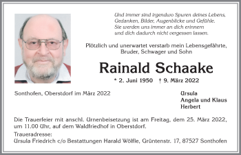 Traueranzeige von Rainald Schaake von Allgäuer Anzeigeblatt