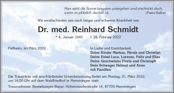 Traueranzeige von Reinhard Schmidt von Memminger Zeitung