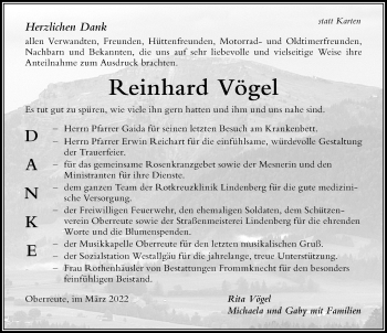 Traueranzeige von Reinhard Vögel von Der Westallgäuer