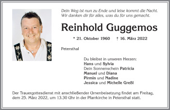 Traueranzeige von Reinhold Guggemos von Allgäuer Zeitung,Kempten