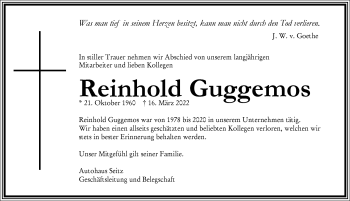 Traueranzeige von Reinhold Guggemos von Allgäuer Zeitung,Kempten