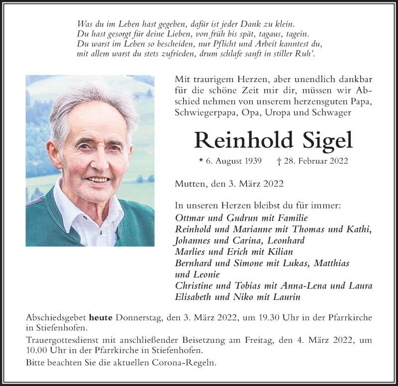  Traueranzeige für Reinhold Sigel vom 03.03.2022 aus Der Westallgäuer
