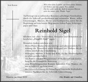 Traueranzeige von Reinhold Sigel von Der Westallgäuer
