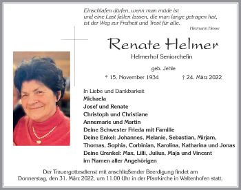 Traueranzeige von Renate Helmer von Allgäuer Zeitung, Füssen