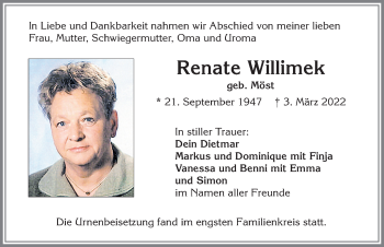 Traueranzeige von Renate Willimek von Allgäuer Zeitung, Kaufbeuren/Buchloe