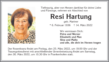 Traueranzeige von Resi Hartung von Allgäuer Zeitung, Kaufbeuren/Buchloe