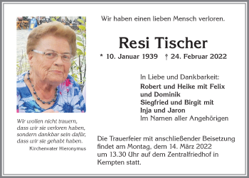 Traueranzeige von Resi Tischer von Allgäuer Zeitung,Kempten