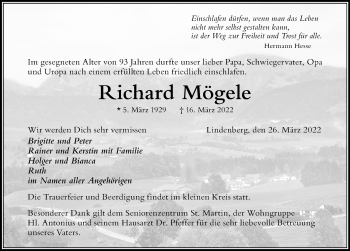 Traueranzeige von Richard Mögele von Der Westallgäuer