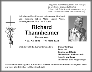 Traueranzeige von Richard Thannheimer von Allgäuer Anzeigeblatt