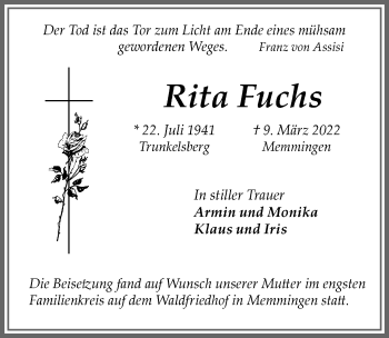 Traueranzeige von Rita Fuchs von Memminger Zeitung