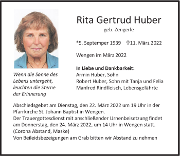Traueranzeige von Rita Gertrud Huber von Allgäuer Zeitung,Kempten