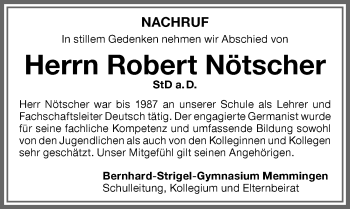 Traueranzeige von Robert Nötscher von Memminger Zeitung