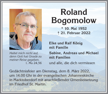 Traueranzeige von Roland Bogomolow von Allgäuer Zeitung, Marktoberdorf