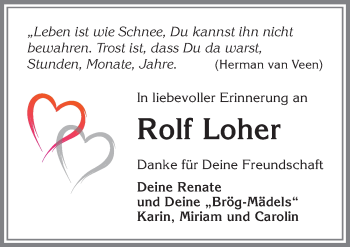 Traueranzeige von Rolf Loher von Allgäuer Zeitung,Kempten