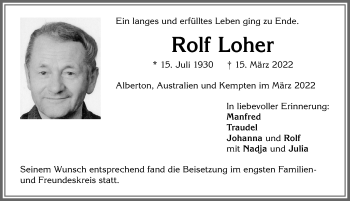 Traueranzeige von Rolf Loher von Allgäuer Zeitung,Kempten