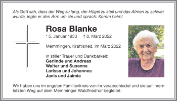 Traueranzeige von Rosa Blanke von Memminger Zeitung
