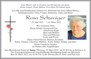 Traueranzeige von Rosa Schwaiger von Allgäuer Zeitung, Marktoberdorf