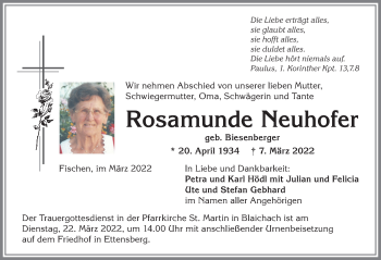 Traueranzeige von Rosamunde Neuhofer von Allgäuer Anzeigeblatt