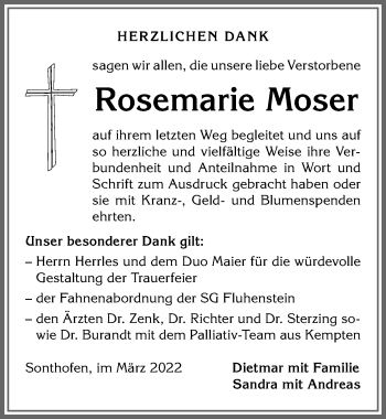 Traueranzeige von Rosemarie Moser von Allgäuer Anzeigeblatt